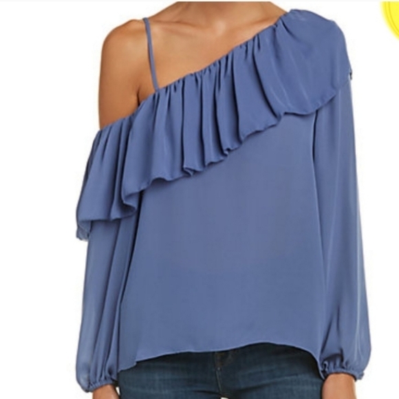 Parker Asymmetric Long Sleeved One Shoulder Blue Ruffle Blouse - Picture 1 of 10